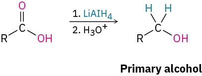 A carboxylic acid reacts with lithium aluminum hydride, then hydronium ion to form a primary alcohol.