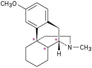 The wedge-dash structure of dextromethorphan. Two fused carbons of both cyclohexanes and one carbon of central cyclohexane (that is bonded to nitrogen) are labeled with asterisks.