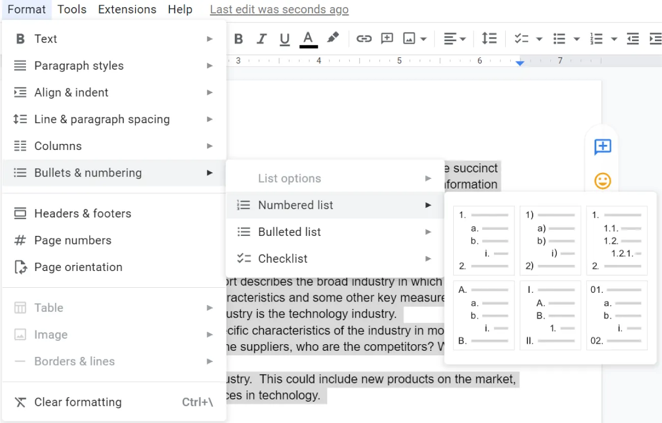 Format is selected, then Bullets & numbering, the options for List options, Numbered list, Bulleted list and Checklist. Numbered list is selected and the pane on the right shows options for lists.