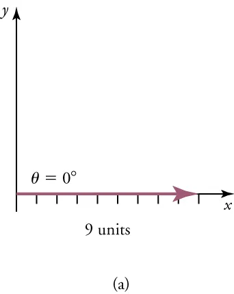 The diagram shows a vector along an x-axis with a magnitude of nine units and a direction of 0°. An unlabeled y-axis is also shown.