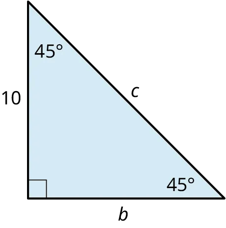 A right triangle. The legs are labeled 10 and b. The hypotenuse is labeled c. The angles at the top, bottom-left, and bottom-right are labeled 45 degrees, 90 degrees, and 45 degrees.