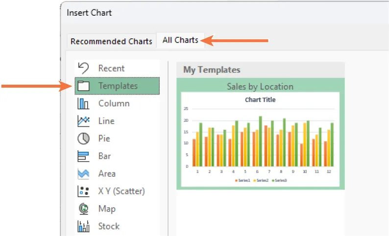 Insert Chart pane selects Templates from left menu. All Charts is highlighted and My Templates displays a colorful Chart.