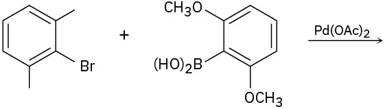 2-bromo-1,3-dimethylbenzene reacts with and 2,6-dimethoxyphenylboronic acid in the presence of palladium (II) acetate to yield an unspecified product.