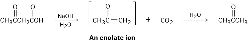 Conversion of 3-oxobutanoic acid on reaction with aqueous sodium hydroxide to a three-carbon enolate ion and carbon dioxide. Further reaction with water produces propan-2-one.