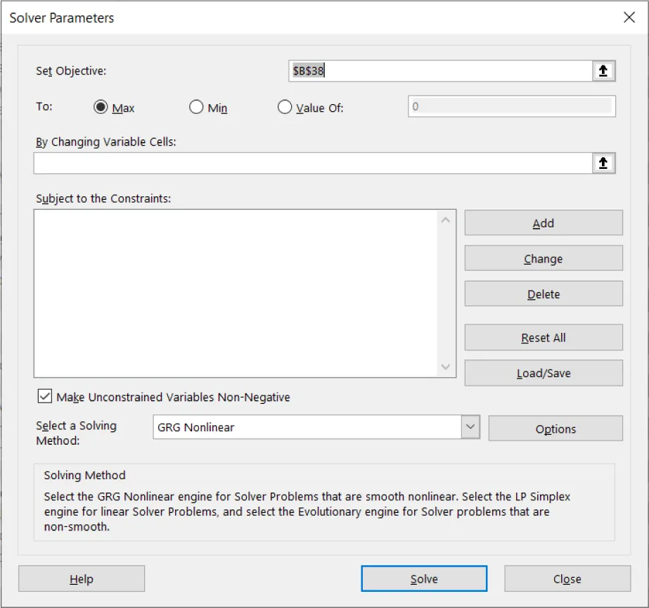 Solver Parameters pane displays options: Set Objective ($B$38), To (Max), By Changing Variable Cells, Subject to the Constraints, Make Unconstrained Variables Non-Negative (checked), Select a Solving Method: (GRG Nonlinear).