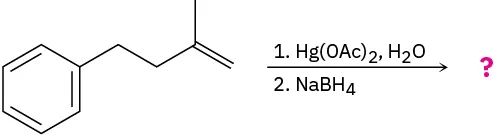 2-methyl-4-phenyl-1-butene reacts with mercuric acetate and water, then sodium borohydride to form an unknown product represented by a question mark.