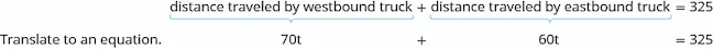 Distance traveled by westbound truck plus distance traveled by eastbound truck equals 325. The first part corresponds to 70t and the second part corresponds to 60.