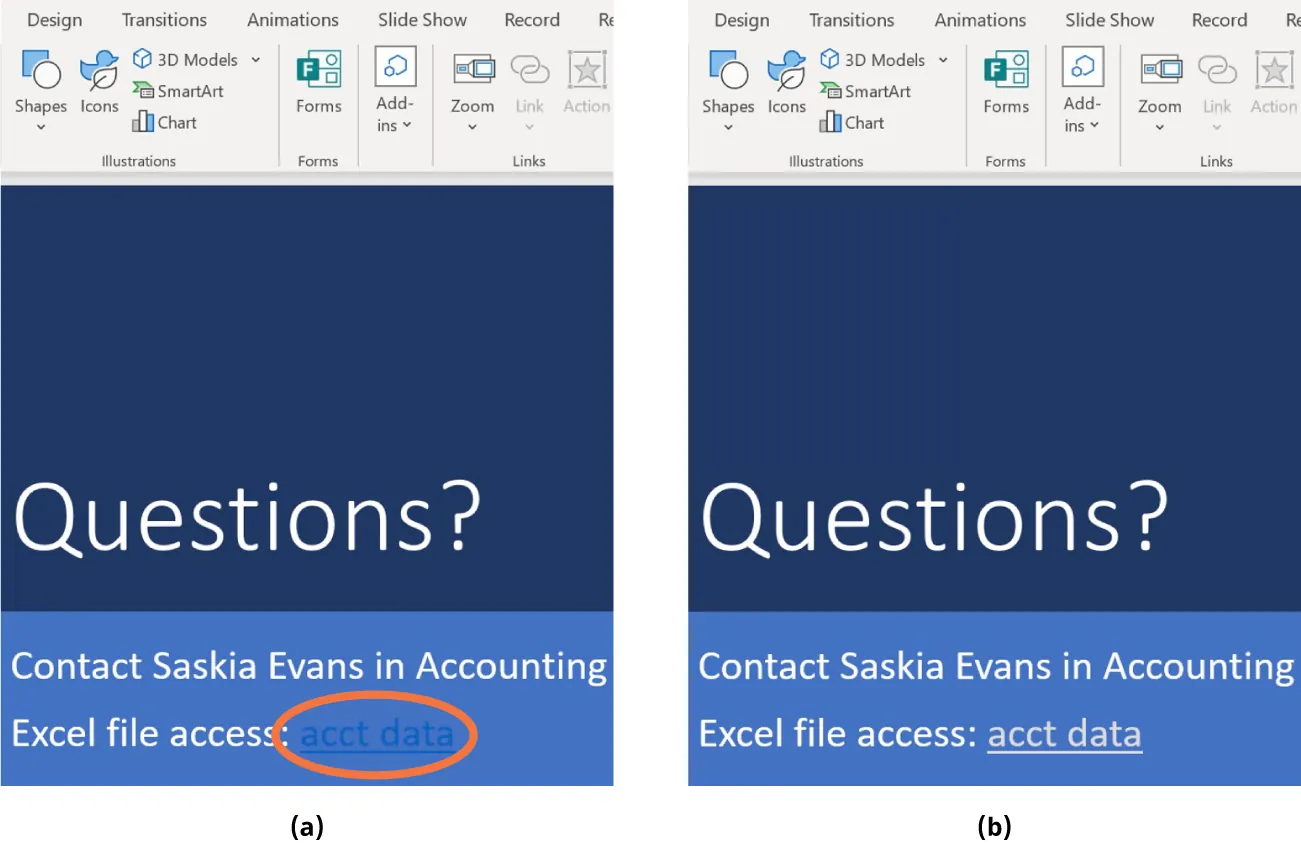 (a) The inserted link in PowerPoint is blue and underlined on a similar blue background, making it hard to read. (b) Text for link has been changed to underlined white on a blue background.