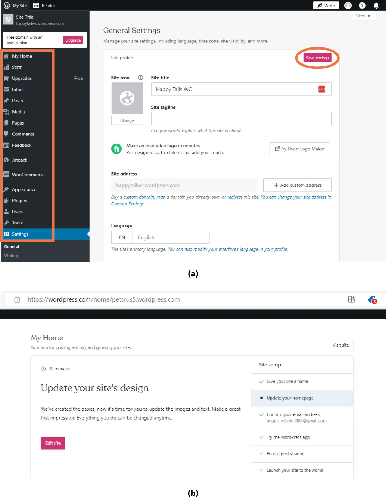 (a) WordPress options: My Home, Stats, Upgrades, Inbox, Posts, Media, Pages, Comments, Feedback, Jetpack, WooCommerce, Appearance, Plugins, Users, Tools, Settings (selected). (b) MyHome offers: Update your site’s design with Edit site button.