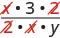 Simplifying a fraction by canceling out common variables 'x' and 'z' from the numerator and denominator, resulting in 3 over y.