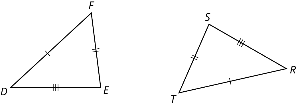 Two triangles, D E F and R S T. The side, D F is congruent to the side, R T. The side, E F is congruent to the side, S T. The side, D E is congruent to the side, R S.