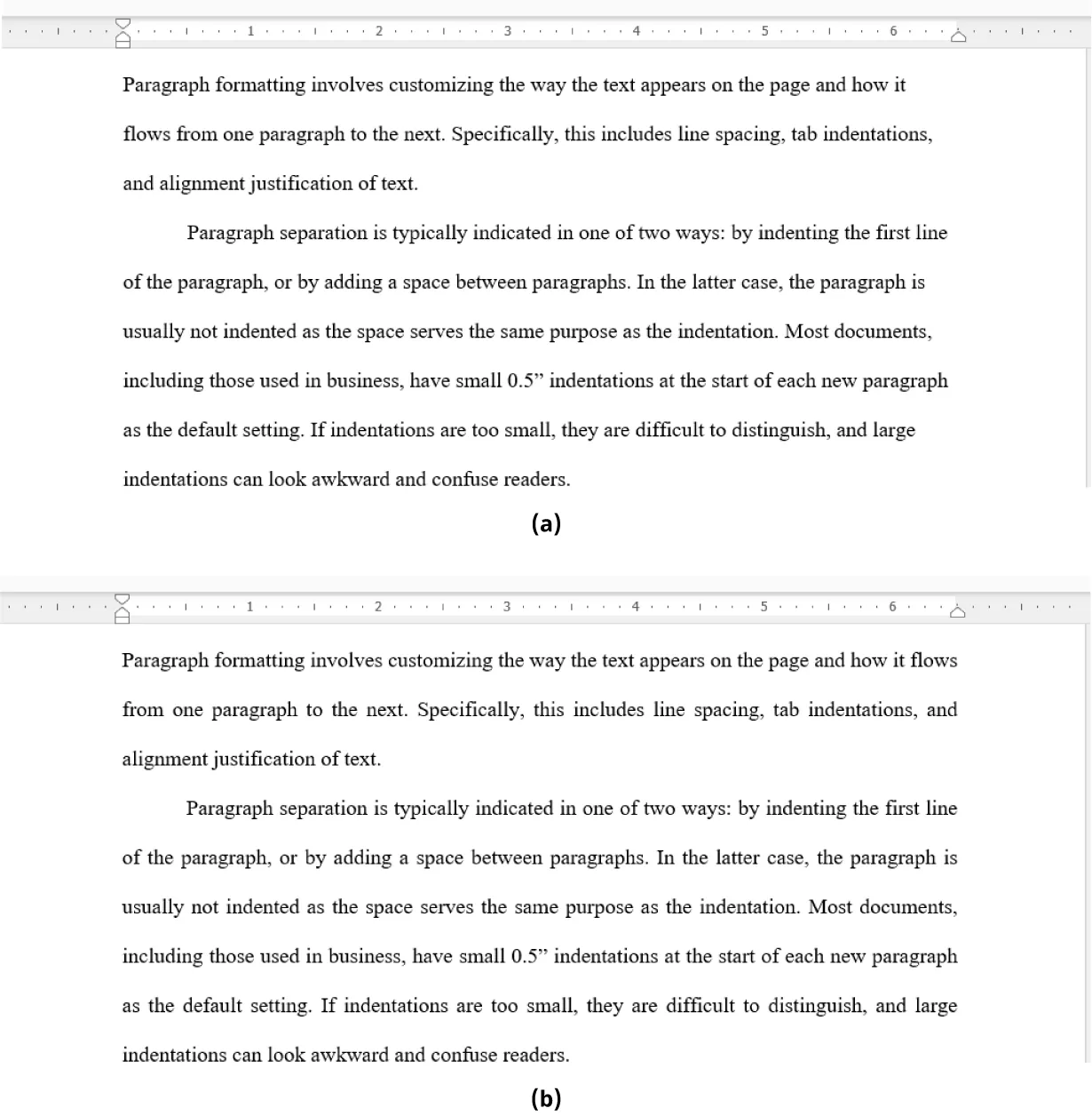 (a) Document displays text lined up in a straight line along the left margin, with right margin varying. (b) Document displays text aligned in straight lines at left and right margins.