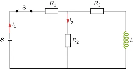 Rysunek pokazuje obwód z połączonymi szeregowo bateriami R1 i R2, baterią epsilon i zamkniętym przełącznikiem S. R2 jest połączone równolegle z L i R3. Prąd przepływający przez R2 i R2 oznaczony odpowiednio jako l1 i l2.