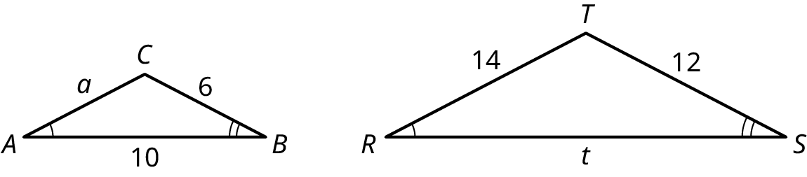 Two triangles, A B C and R S T. In the triangle A B C, the side A C measures a, the side B C measures 6, and the side A B measures 10. In the triangle R S T, the side R T measures 14, the side T S measures 12, and the side R S measures t. The angles, A and R are congruent. The angles, B and S are congruent.