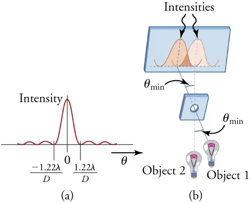 (a) A graph with five peaks. The valleys are on a horizontal axis. The central peak is largest, and it is labeled “intensity.” Four much smaller peaks are arranged symmetrically, two to the left and two to the right. An arrow below the horizontal axis points to the right and is labeled “theta.” Three points are labeled on the horizontal axis, “zero” for the central peak, “negative 1.22 lamda divided by D” for the valley on its left, and “1.22 lamda divided by D” for the valley on its right. (b) A drawing shows two lightbulbs at the bottom. One is labeled “Object 1,” and it is to the right and slightly above the other, labeled “Object 2.” In the middle of the drawing is a vertical screen with a circular hole in it. At the top of the drawing is a vertical screen with two wide peaks graphed on it, which are labeled “Intensities.” A line from Object 1 extends through the hole in the screen and strikes the horizontal axis of the graph directly below the left peak on the graph. Another line from Object two extends through the hole in the screen and strikes the horizontal axis of the graph directly below the right peak on the graph. The angle formed when the two lines cross (where they pass through the hole in the middle screen) is labeled “theta min.”
