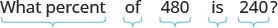 A math problem on a white background asks, 'What percent of 480 is 240?' Light blue brackets underline individual words and numbers in the question.