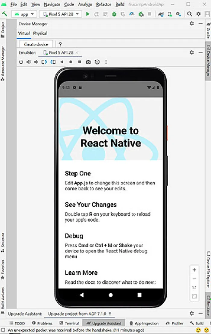 Welcome page for React Native in emulator.