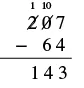 A vertical subtraction problem showing 207 minus 64, with borrowing steps indicated, resulting in the answer 143.