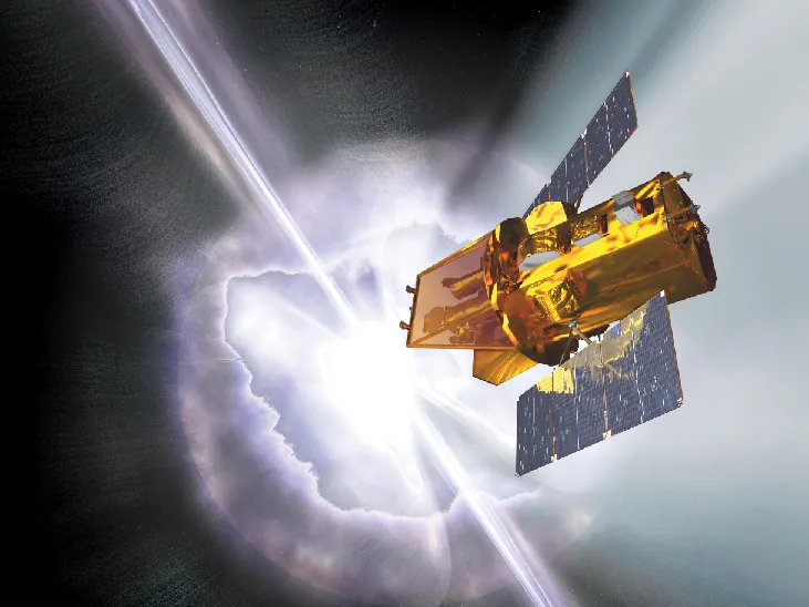 Artist’s Illustration of the Swift Observatory. The spacecraft is drawn at center right, with solar panels above and below the body of the telescope. In the background is an illustration of a supernova explosion.