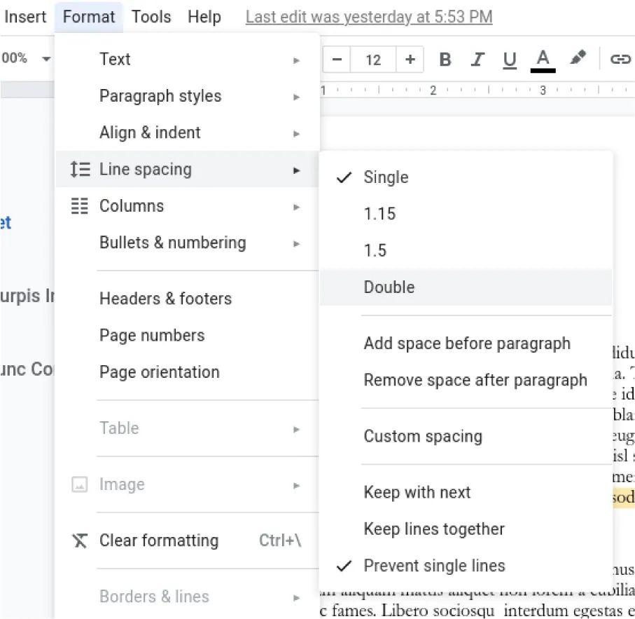 Format is selected and open to pane of options. Line spacing is selected and opens to Single (selected) and Prevent single lines (selected).