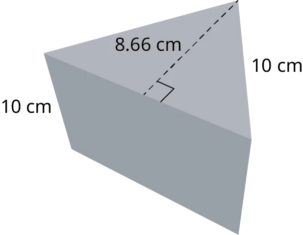 An equilateral triangular prism. The sides of the triangle measure 10 centimeters. The height of the triangle measures 8.66 centimeters. The length of the prism measures 10 centimeters.