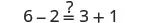 An arithmetic equation where 6 minus 2 is compared to 3 plus 1, with a question mark over the equals sign.