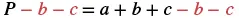 A mathematical equation is displayed: P - b - c = a + b + c - b - c. The variables 'b' and 'c' are highlighted in red on both sides of the equation, suggesting simplification or cancellation.
