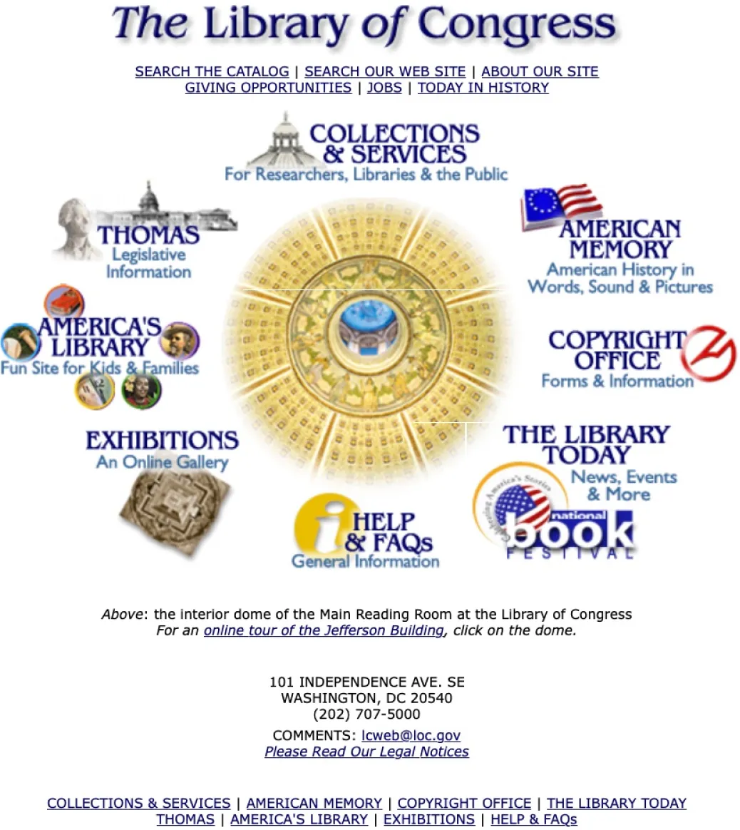 An image of a page from the website for The Library of Congress lists clickable options for searching the site, as well as images with links to services, and library activities.