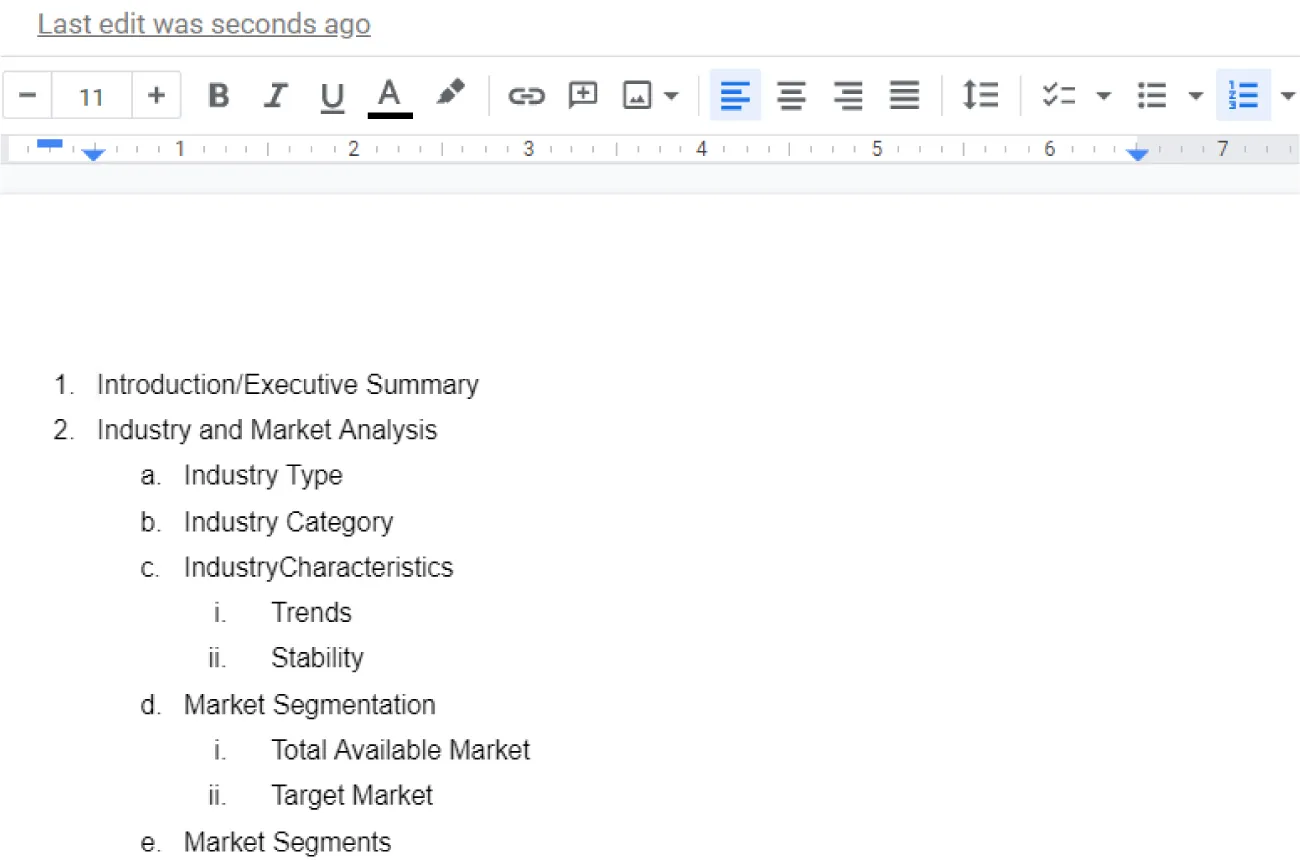 In the Google Doc, information is displayed in a tiered list with 1., 2., a., b., c., i., ii., d., i., ii., and e.