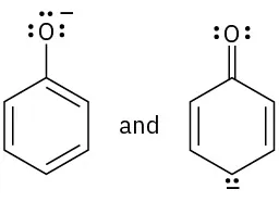 The first structure has a benzene ring bonded to an oxygen anion. The second structure has a cyclohexadiene ring with double bonded oxygen at C1 and negative charge at C4.