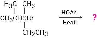 The reaction of 3-bromo-2,3-dimethylpentane in acetic acid and heat yields an unknown product, depicted by a question mark.