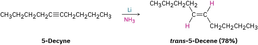 The figure shows 5-decyne reacting with lithium and ammonia to form trans-5-decene (78%).