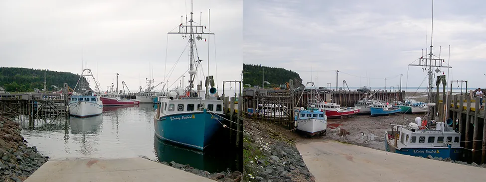 Dos fotos del mismo puerto deportivo en la bahía de Fundy y parecen estar tomadas desde el mismo lugar. La foto de la izquierda se tomó cuando el agua está alta, la línea de flotación está cerca y los barcos están todos flotando en el agua. La foto de la derecha se tomó cuando el agua está baja. La línea de flotación está bastante lejos y los barcos descansan sobre el barro.
