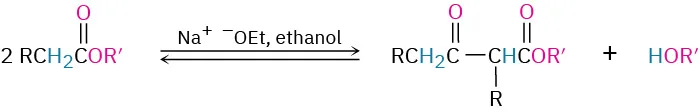 Claisen condensation of two molecules of an ester in the presence of sodium ethoxide in ethanol forms a beta keto ester product, releasing alcohol as a byproduct.
