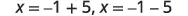 Two mathematical equations are displayed on a white background: 'x = -1 + 5' and 'x = -1 - 5'. These represent two possible solutions for the variable 'x'.