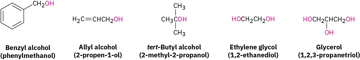 The structures of five alcohols named benzyl alcohol (phenylmethanol), allyl alcohol (2-propen-1-ol), tert-butyl alcohol (2-methyl-2-propanol), ethylene glycol (1,2-ethanediol) and glycerol (1,2,3-propanetriol).