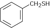 The structure has a benzene ring. C 1 is bonded to a C H 2 S H group.