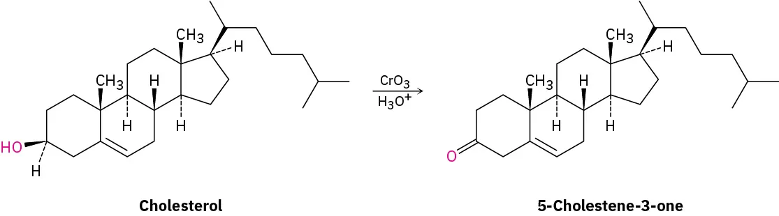 Cholesterol reacts with chromium trioxide and hydronium ion to form 5-cholestene-3-one.