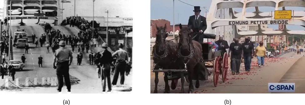 Photo A is an image of a bridge. On the right of the overpass are several people marching in a large crowd. In the foreground are uniformed people watching the marchers. Photo B shows a funeral procession crossing the Edmund Pettus bridge. A horse-drawn carriage transports the casket of John Lewis.