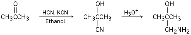 Acetone reacts with hydrogen cyanide, potassium cyanide, and ethanol to form 2-cyanopropan-2-ol. This reacts with hydronium to form 1-amino-2-methylpropan-2-ol.
