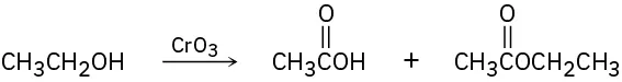 Ethanol reacts with chromium trioxide to form acetic acid and ethylacetate.