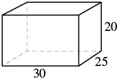 A cuboid with dimensions 30 (length), 25 (width), and 20 (height) units. The front and top faces are visible, with dashed lines indicating hidden edges. It illustrates a basic 3D geometric shape with measurements.