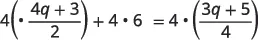 An algebraic equation: 4 multiplied by the fraction (4q + 3) / 2, plus 4 multiplied by 6, equals 4 multiplied by the fraction (3q + 5) / 4.
