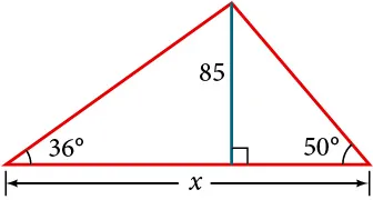A triangle with angles of 36 degrees and 50 degrees and side x. Bisector in triangle with length of 85.
