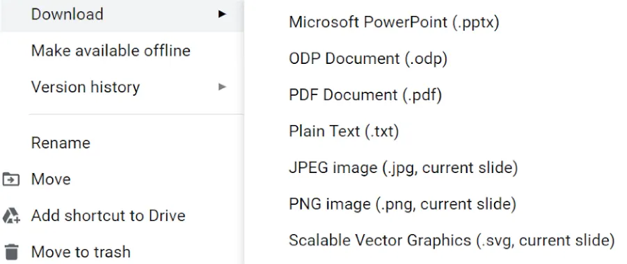 Options available from Download: Microsoft PowerPoint (.pptx), ODP Document (.odp), PDF Document (.pdf), Plain Text (.txt), JPEG image (.jpg, current slide), PNG image (.png, current slide), Scalable Vector Graphics (.svg, current slide).