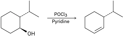 Cyclohexane with dashed bond to isopropyl, wedged bond to hydroxyl on adjacent (clockwise) carbon reacts with phosphoryl chloride to form R-3-isopropylcyclohexene.