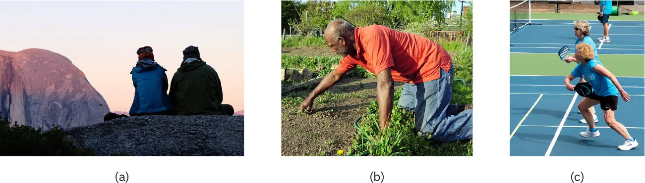 Photos of (a) two individuals sitting outside, (b) an individual weeding a garden, and (c) two individuals playing tennis.