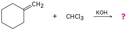 A reaction shows methylenecyclohexane reacting with chloroform in the presence of aqueous KOH to form unknown product(s), depicted by a question mark.