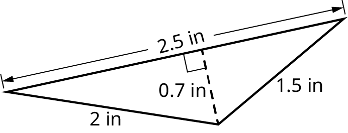 A triangle with its sides marked 2 inches, 2.5 inches, and 1.5 inches. The height is marked 0.7 inches.