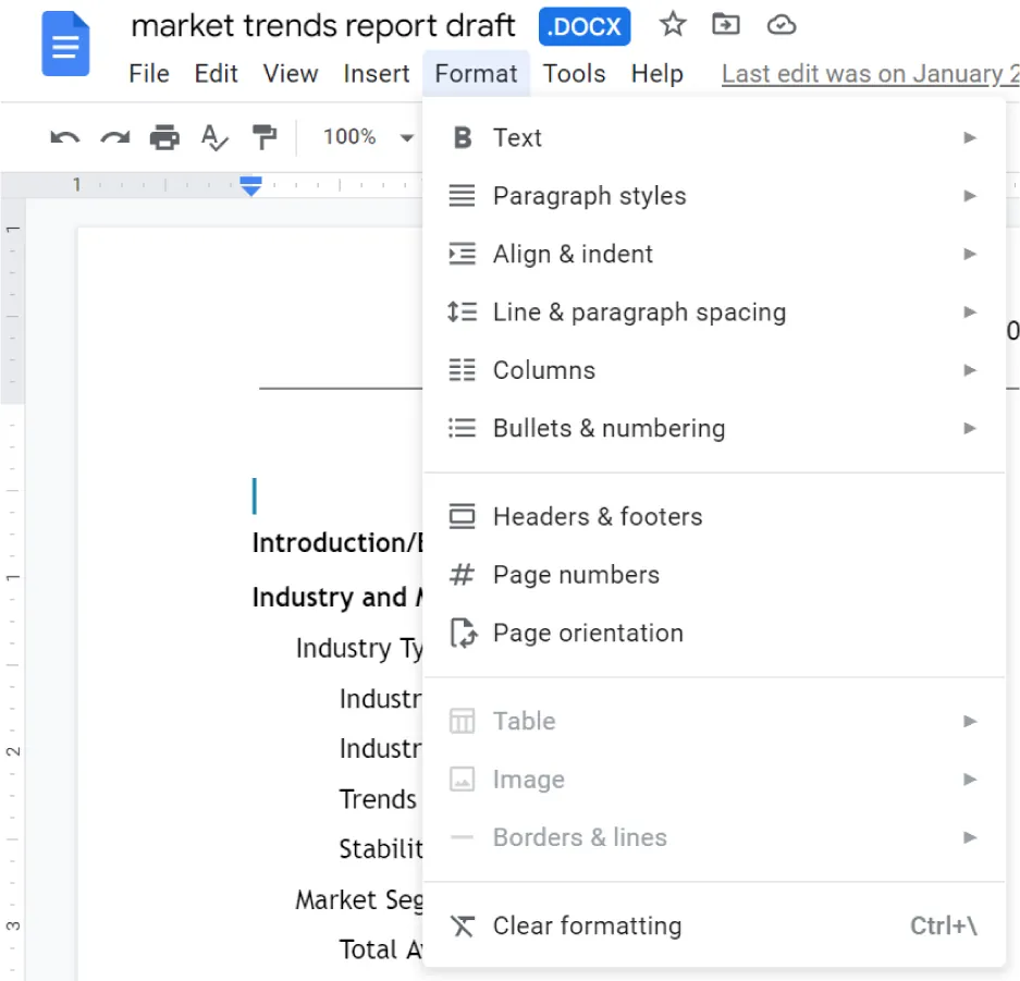 Format tab options available: Text, Paragraph styles, Align & indent, Line & paragraph spacing, Columns, Bullets & numbering, Headers & footers, Page numbers, Page orientation, Table, Image, Borders & lines, Clear formatting.